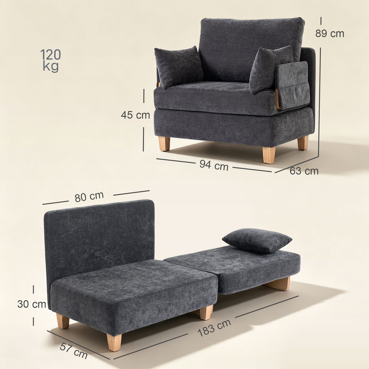 Poltrona-cama 2 em 1 com Função de Cama Sofá-cama com 2 Almofadas Laváveis Bolsos Laterais para Sala de Estar Quarto — foto 2