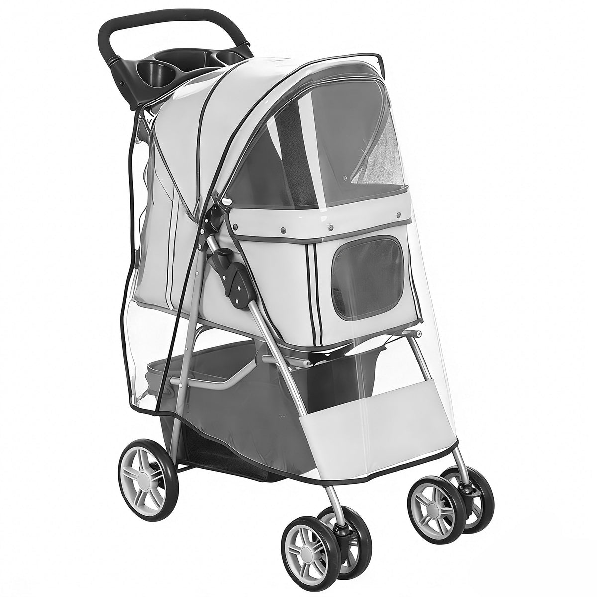Carrinho para Cães Carrinho Dobrável para Gatos até 10kg com Capa de Chuva Faixas Refletoras Cesto de Armazenamento 77x44x102 cm Cinza — foto 1