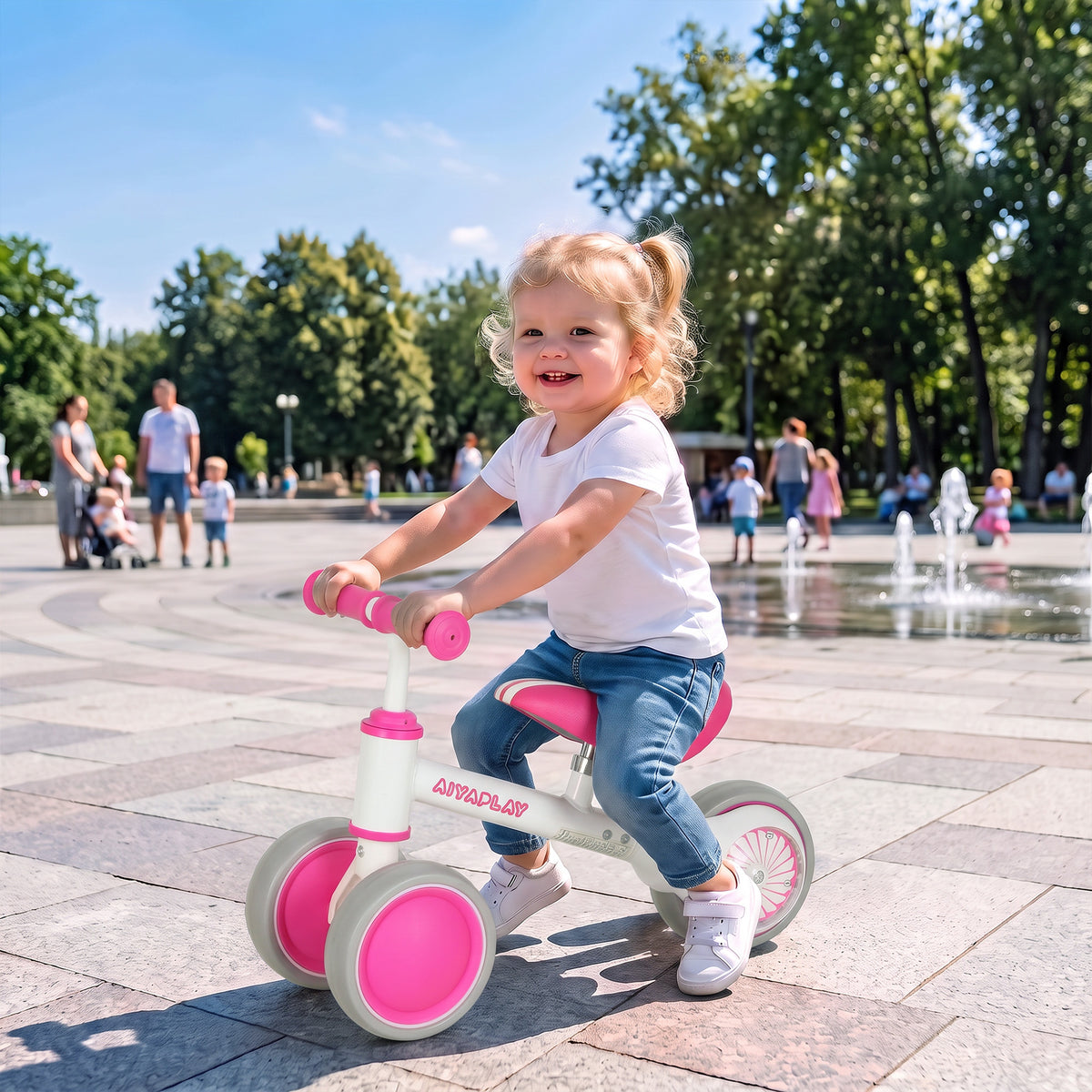 Bicicleta sem Pedais Rosa com Assento Ajustável e Rodas Traseiras com Luzes para Meninos e Meninas de 1 a 2 Anos — imagem 3