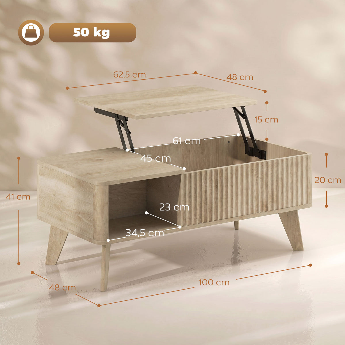 Mesa de Centro Elevável Compartimento Oculto 2 Prateleiras Abertas Bordas Arredondadas Estilo Meados do Séc. 100x48x41 cm Carvalho — foto 2