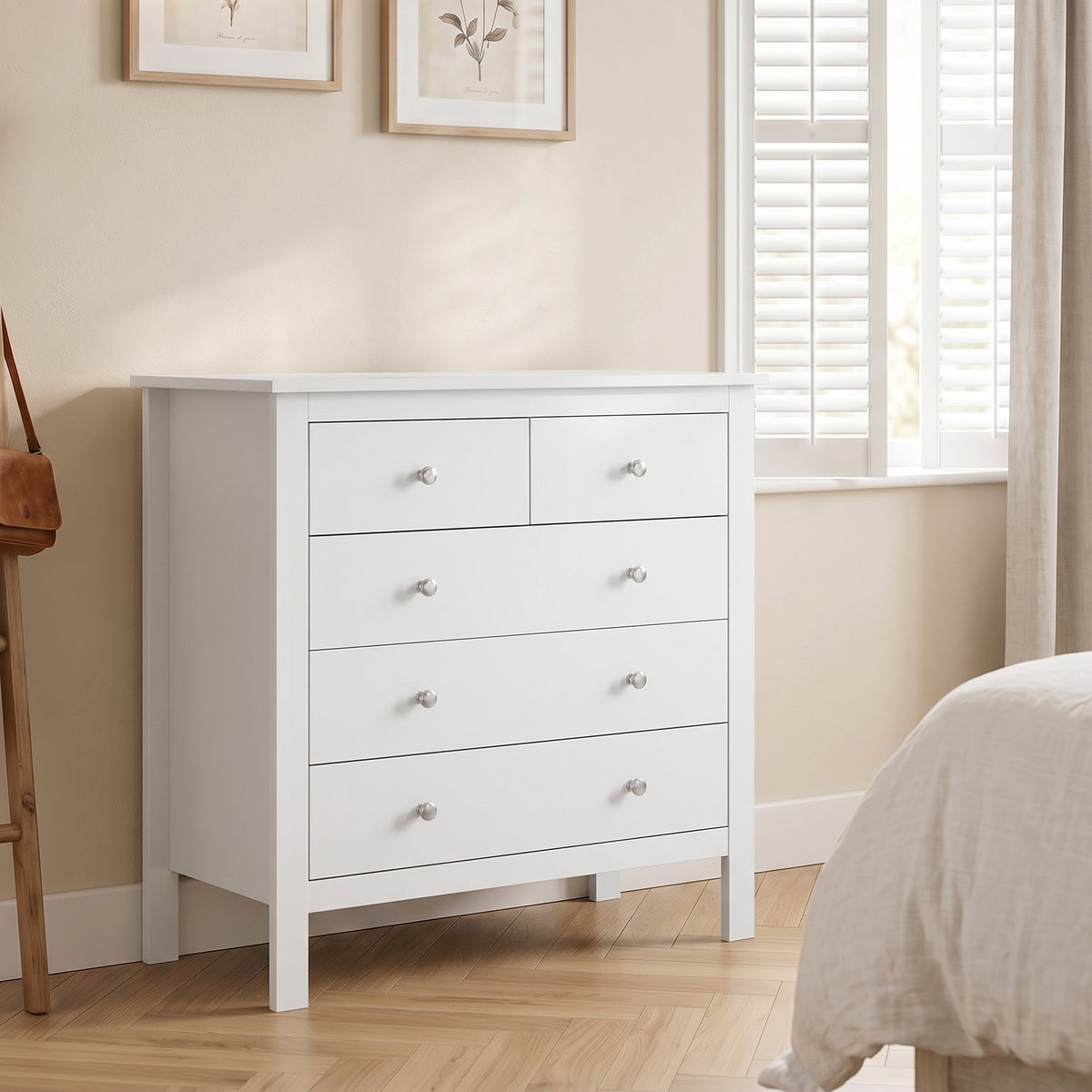 Cómoda de 5 Gavetas Móvel de Armazenamento com Puxadores Trilhos Metálicos em Madeira 79x39,5x80,5 cm Branco — imagem 3