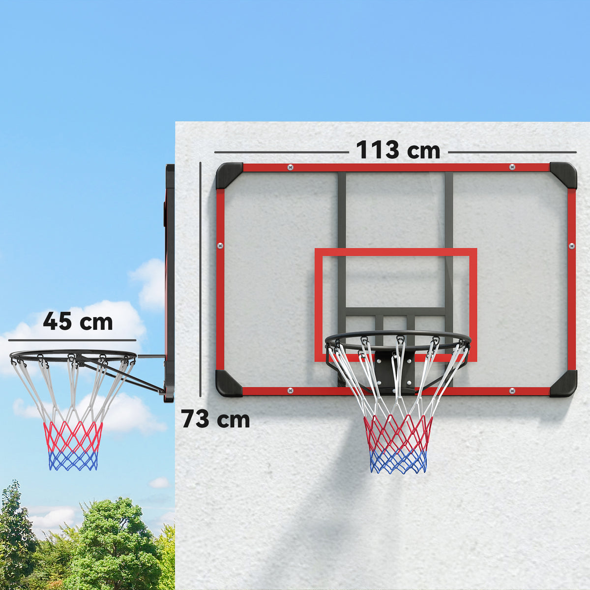 Aro de basquete para montagem na parede, interno/externo, placa traseira PC robusta, rede de nylon, aro de aço, 113x61x73 cm — foto 2