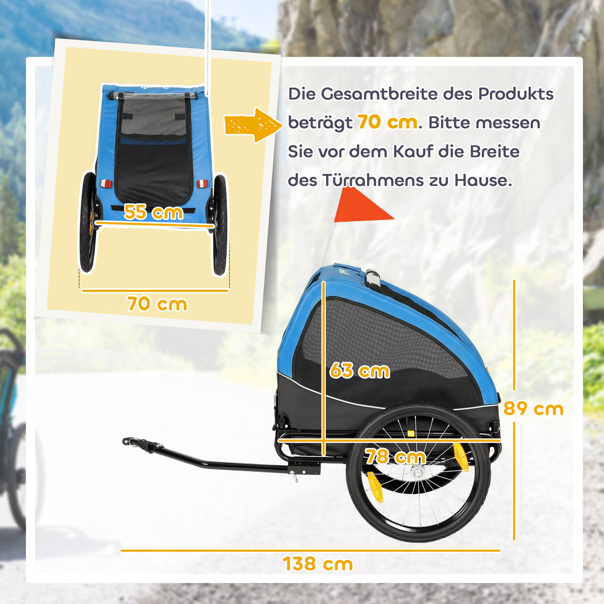 Reboque Dobrável para Cães com Refletores Janelas em Malha Rodas Porta Bandeira de Segurança para Cães até 20 kg 138x70x89 cm Azul — foto 2