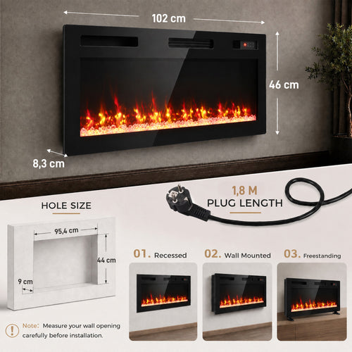 102 cm Lareira Elétrica Embutida/ Parede/Chão Ultrafina 8.3 cm com Telecomando, 900/1800W, Temporizador, 35㎡ Preto — foto 2