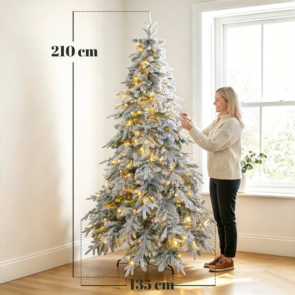 Árvore de Natal Flocada 210cm com 450 LEDs Branco Quente Timer Controle Remoto 8 Modos 1080 Pontas Retardantes de Chama — foto 2