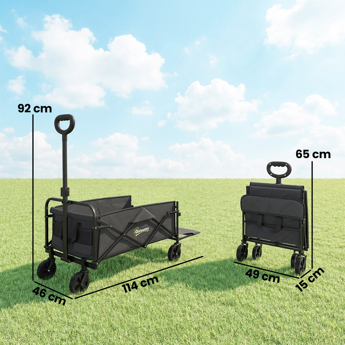 Carrinho de Jardim 72 L Dobrável com Alça Regulável em Aço e Tecido Oxford 114x46x92 cm Preto — foto 2