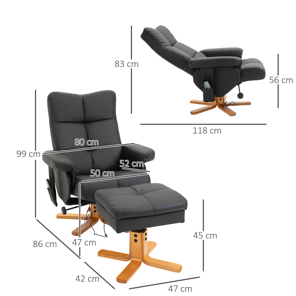 Poltrona de massagem com puff, Poltrona relax reclinável 145° com função de massagem, Espaço de arrumação, Couro sintético, 80 x 86 x 99 cm, Preto — foto 2