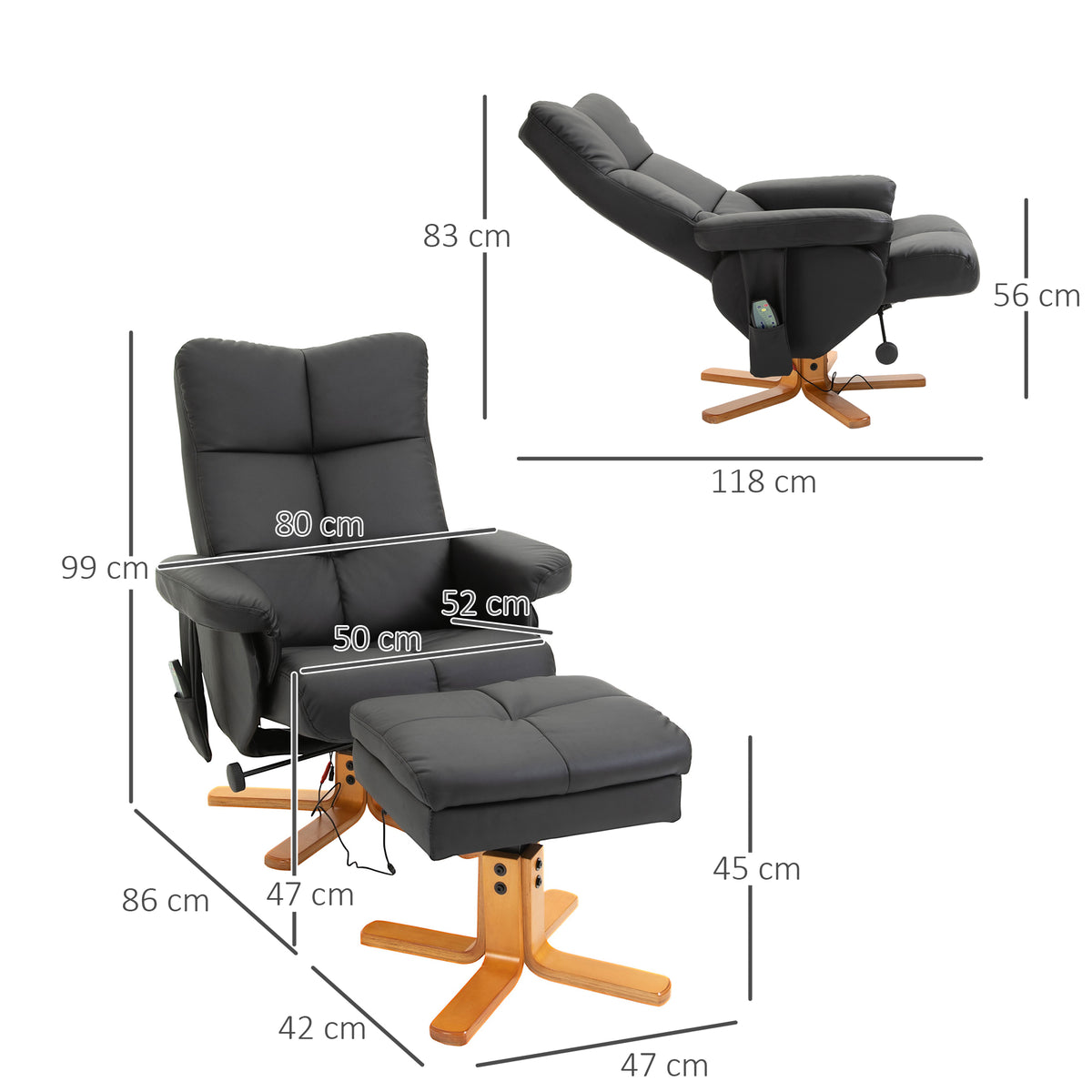 Poltrona de massagem com puff, Poltrona relax reclinável 145° com função de massagem, Espaço de arrumação, Couro sintético, 80 x 86 x 99 cm, Preto — foto 2