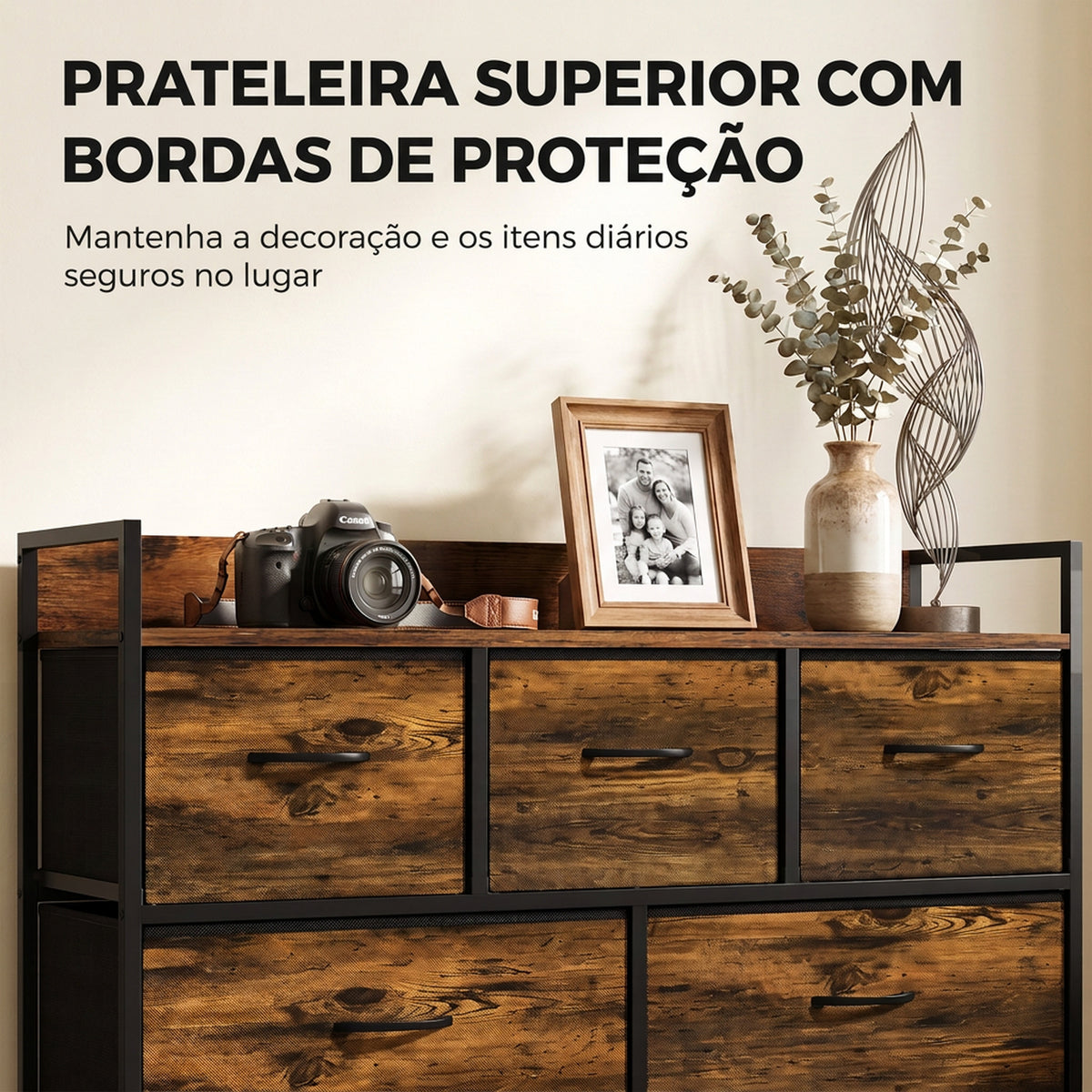 Cómoda de Quarto com 5 Gavetas, Cómoda em Tecido com Tampo de Madeira, Castanho e Preto — imagem 5