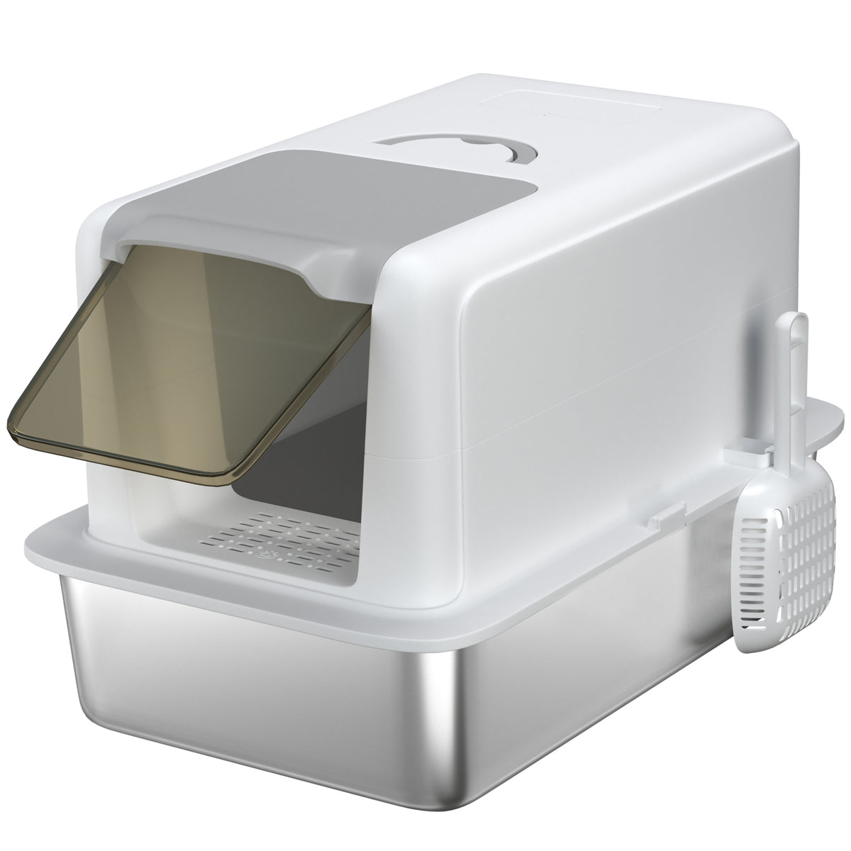 Caixa de Areia para Gatos Bandeja em Aço Inoxidável Filtro Pá para Gatos Até 6 Kg 40,5x60,5x41,5 cm Branco Prateado — foto 1