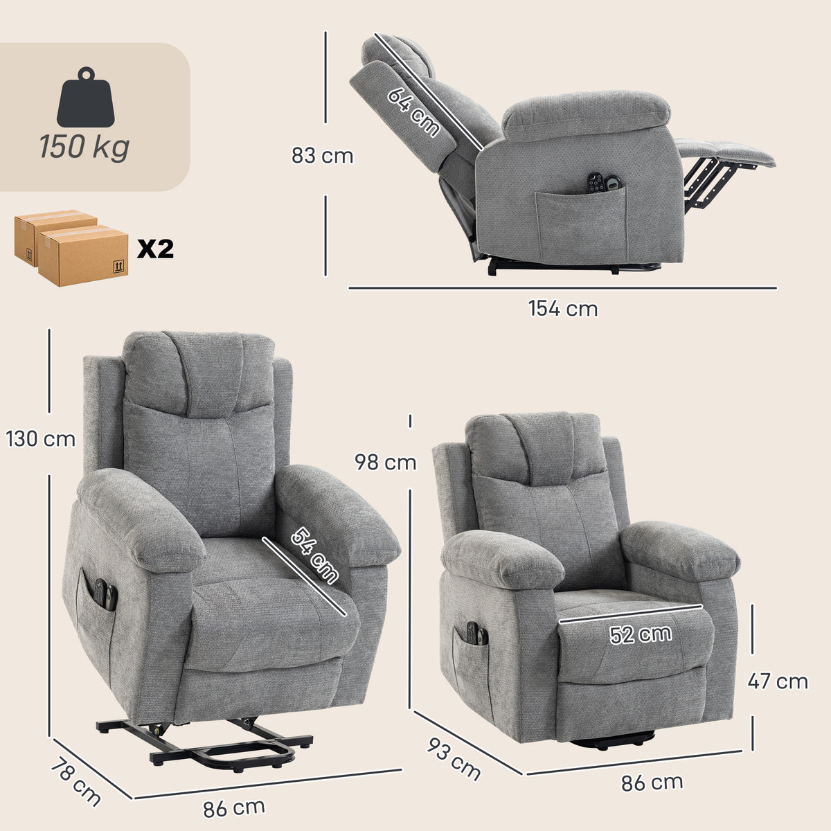 Cadeirão Relax Reclinável Elétrico Elevatório com 8 Pontos de Massagem, Calor Lombar, USB, Comando e Apoio para os Pés, Cinzento — foto 2