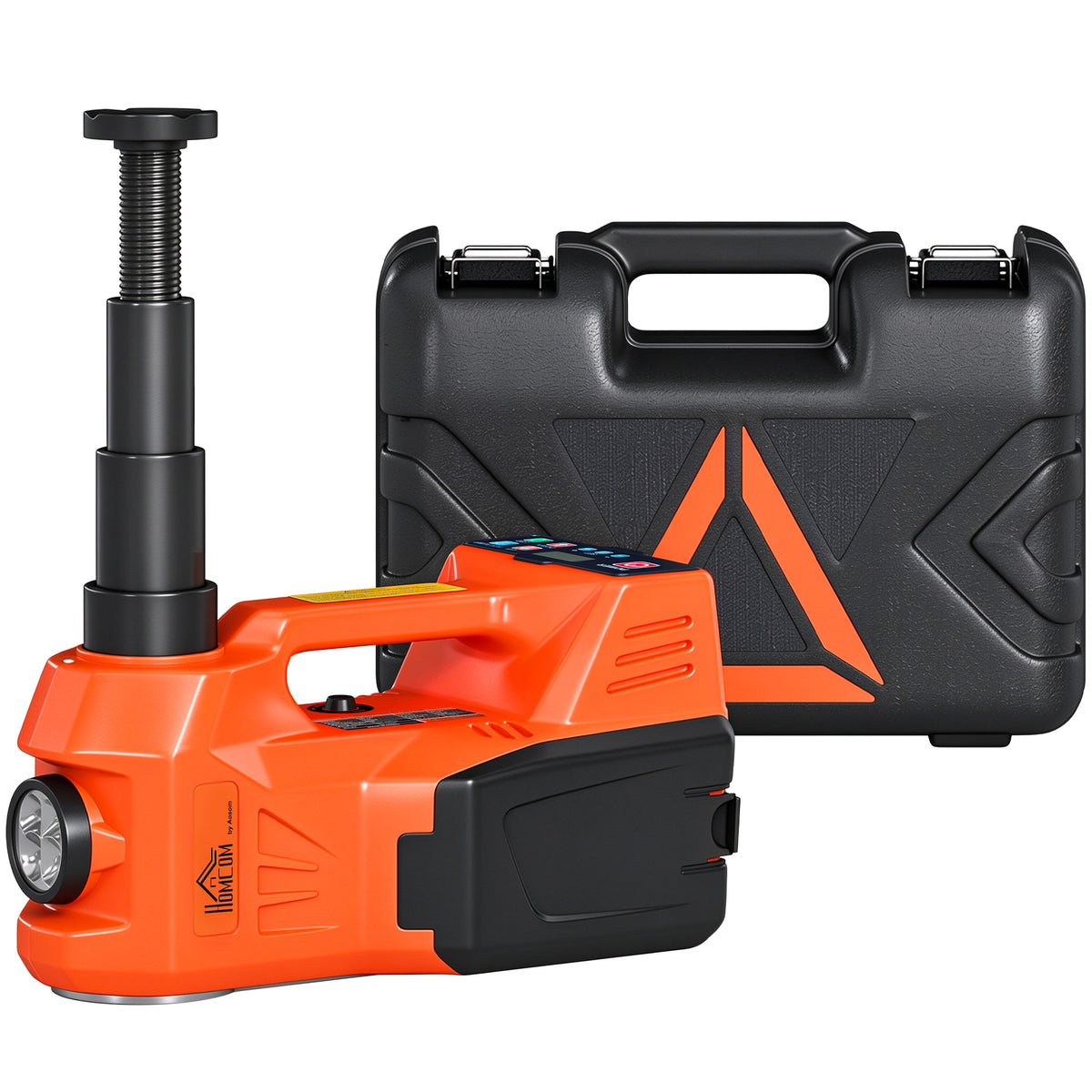 Kit de Macaco Hidráulico Elétrico 5T 12V 14,3-45 cm com Luz LED, Bomba de Ar, Chave Sextavada, Martelo e Mala Laranja — foto 1