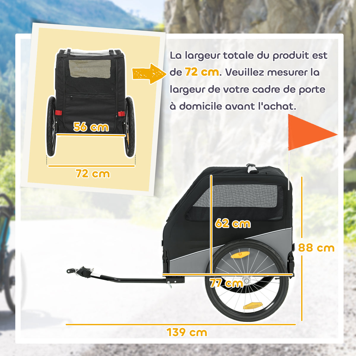 Reboque de Bicicleta para Cães com Pneus de 50,8 cm Engate Universal Refletores Bandeira Trela 139x72x88 cm Cinza e Preto — foto 2