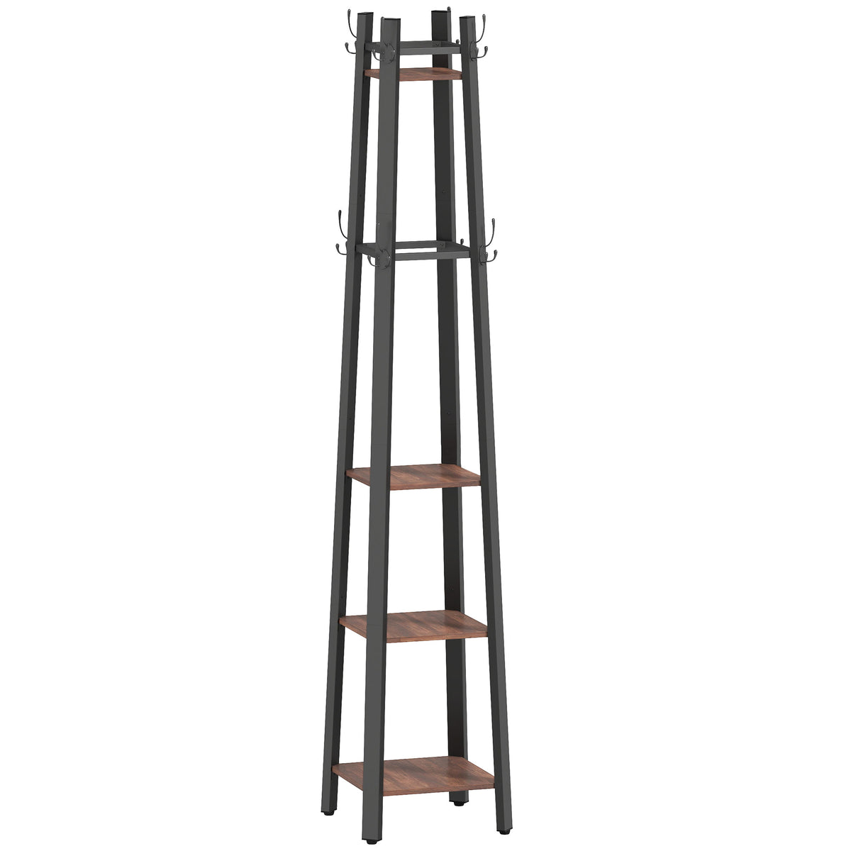 Cabideiro com 4 níveis, cabideiro independente, 8 ganchos, 4 prateleiras, estilo industrial, Metal, Painel de partículas, Castanho — foto 1