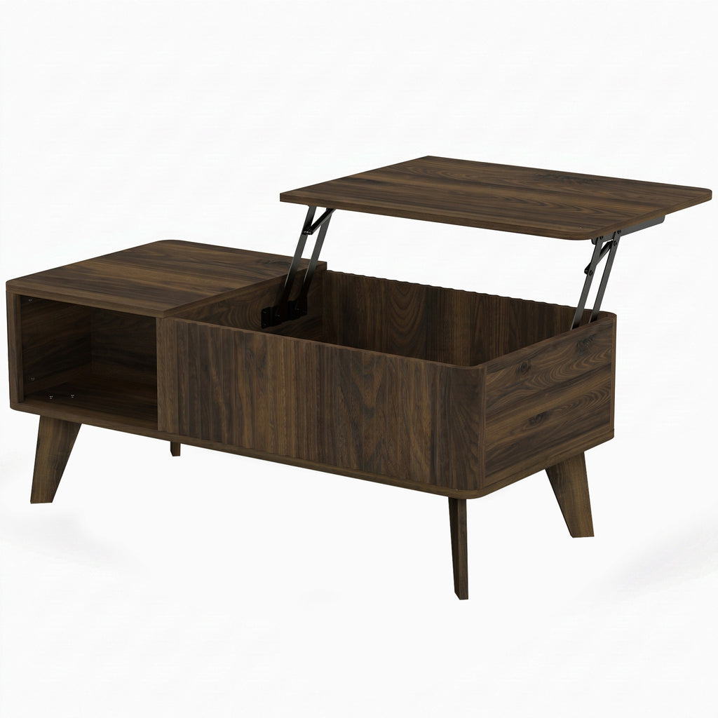 Mesa de Centro Elevatória com Compartimento Oculto e Prateleiras Abertas, 100x48x41-56 cm, Nogueira — foto 1