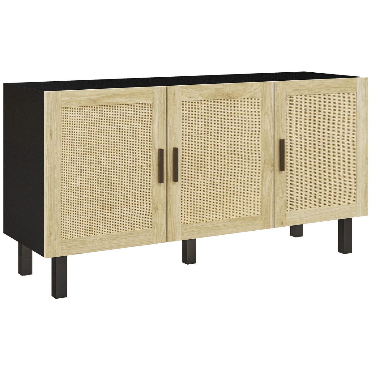 Móvel de Arrumação com Armários de Portas Efeito Tela de Palha Natural Prateleiras Ajustáveis 136x41x70 cm Preto e Madeira Natural — foto 1