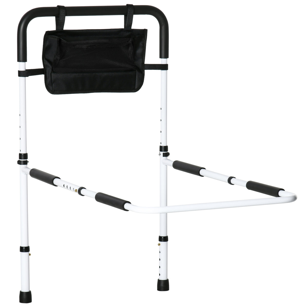 Barra de Apoio para Cama com Pés Proteção Ajustável 5 Alturas Bolso de Armazenamento 52x85-95x71-102 cm Branco Preto — foto 1