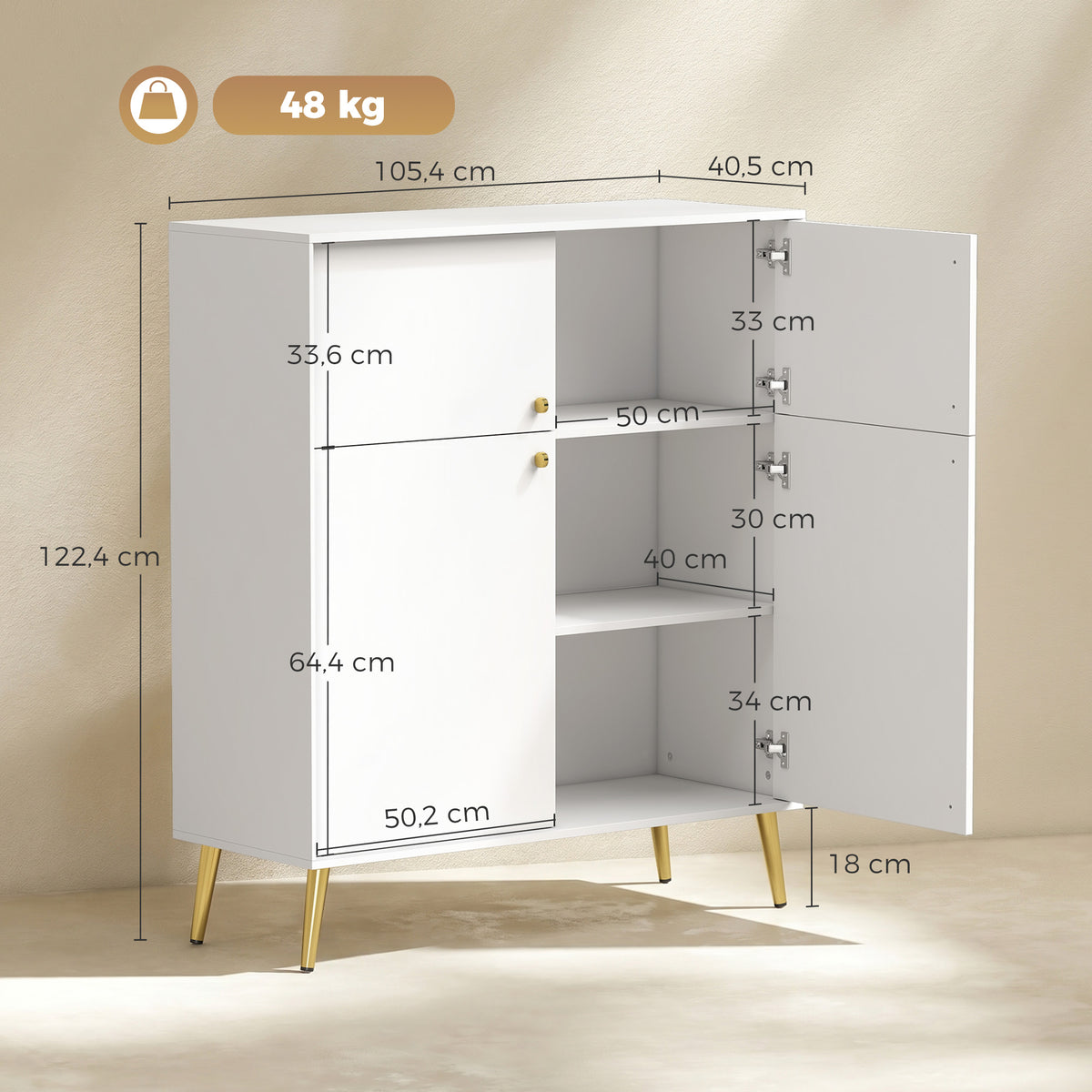Aparador Moderno de 105,4 cm com 4 Portas com Fecho Suave e Pés Metálicos para Sala de Jantar e Cozinha Creme Branco — foto 2