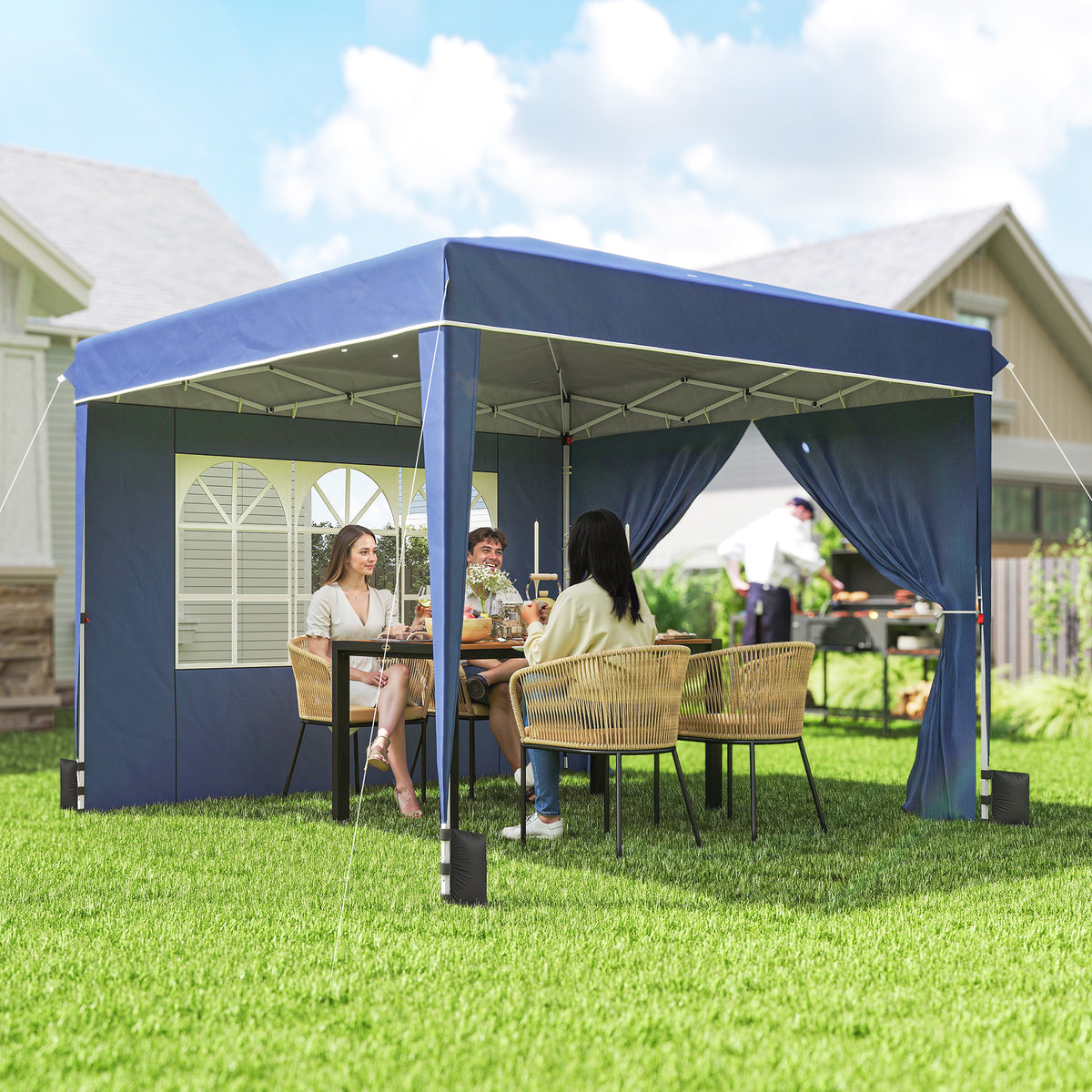 Pérgola Dobrável 3x3 m com Paredes e Altura Ajustável Proteção UV 50+ Azul Escuro — imagem 3