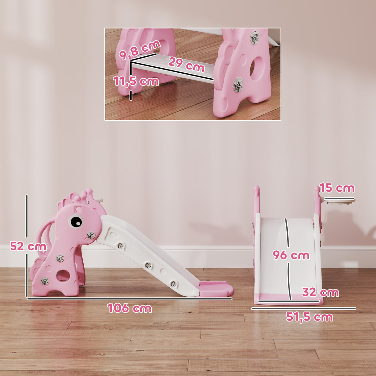 Tobogã infantil 3 em 1 em forma de girafa com aro de basquete, escalada e bola, 106 x 51,5 x 52 cm, rosa — foto 2