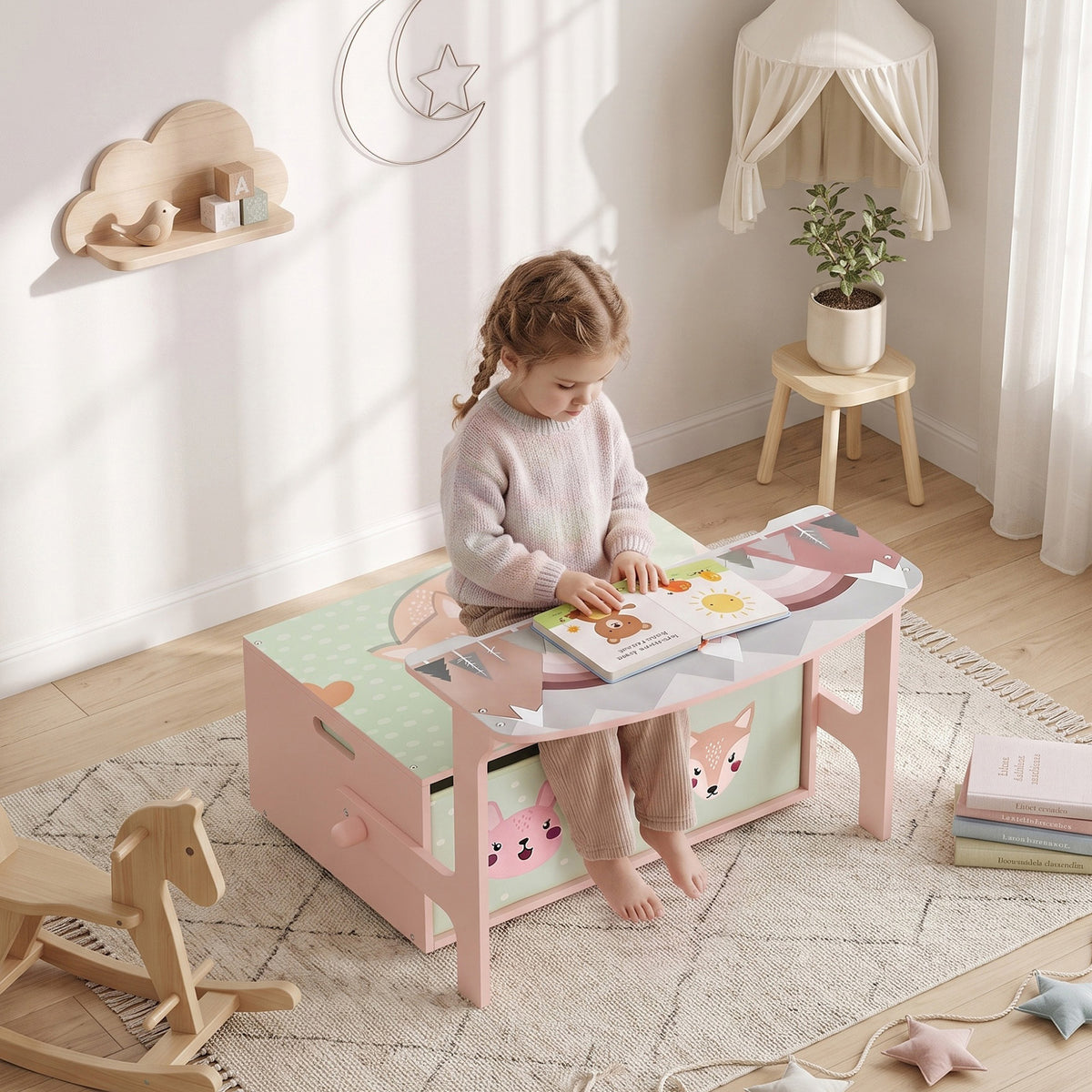 Conjunto infantil 3 em 1: mesa, cadeira e arca de madeira com 2 gavetas em tecido, para quarto e sala de jogos, rosa — imagem 3