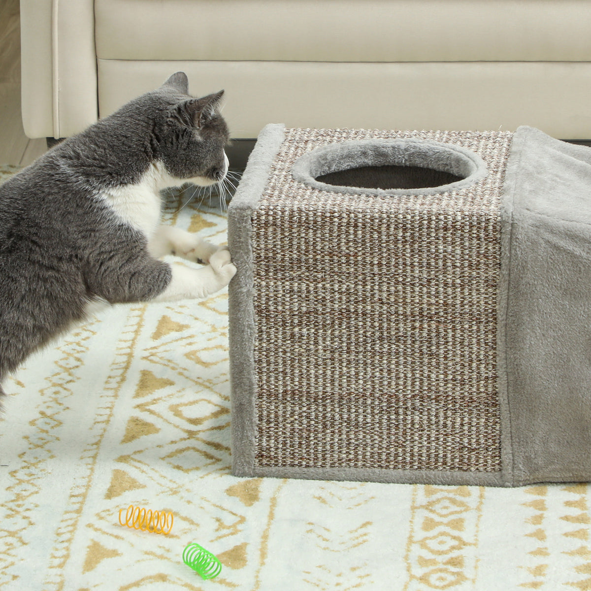 Túnel para Gatos de Interior Encaixável com Múltiplas Entradas, Tocas em Sisal e Bola Suspensa, 98x30x30 cm, Cinzento — imagem 12