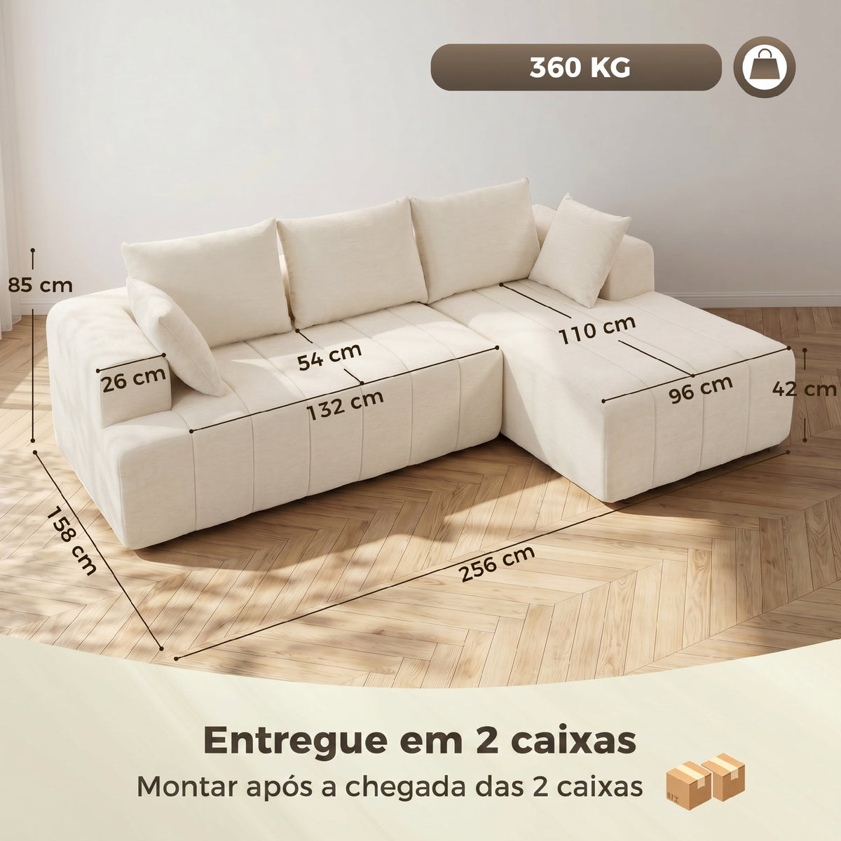 Sofá de Canto 256 cm com Chaise Longue Sofá Cama 3 Lugares em Chenille Formato em L Assento e Apoios de Braço Largos Bege — foto 2