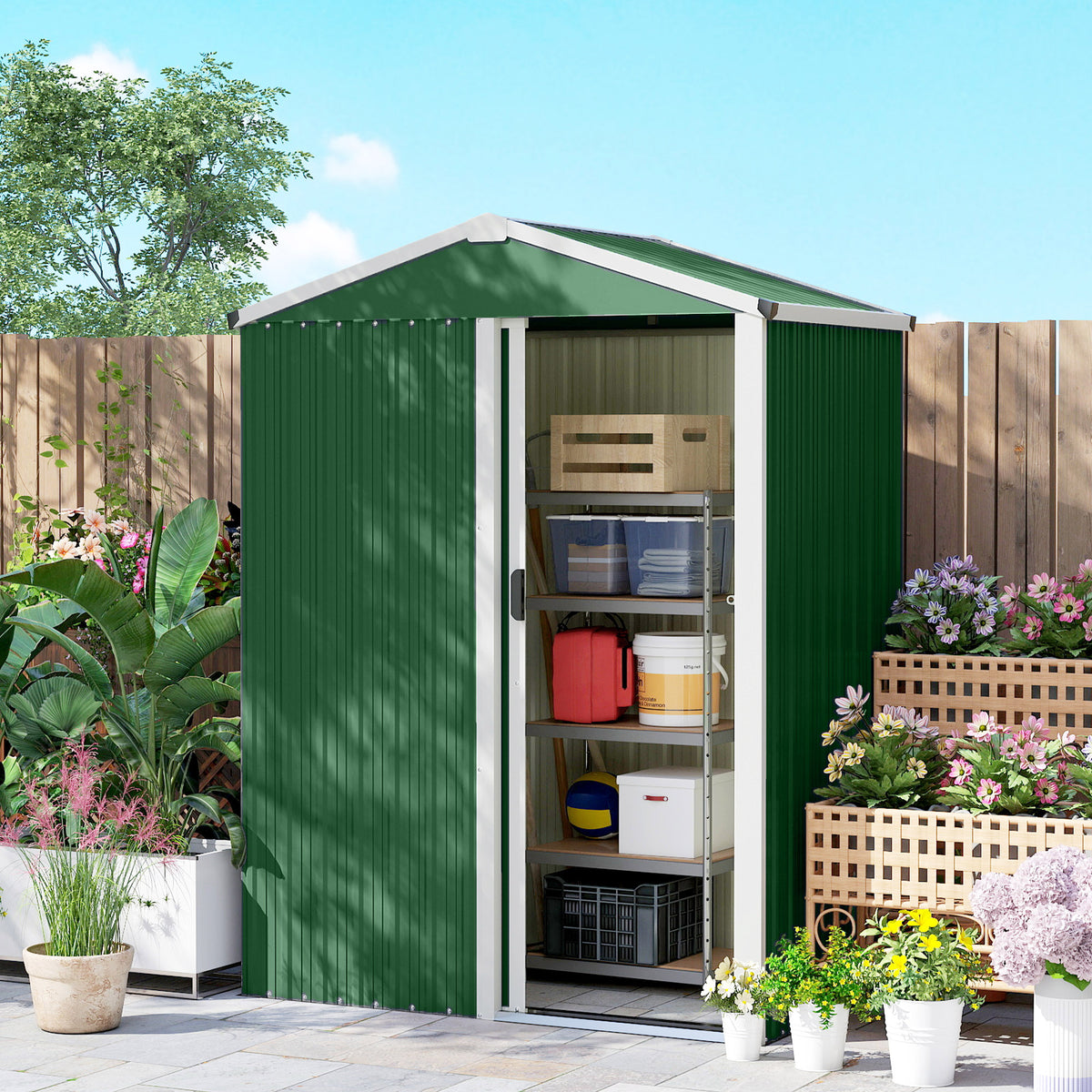 Caseta de Jardim em Aço 1,1 m² com Porta Deslizante Trancável 136x87x179 cm Verde — foto 2