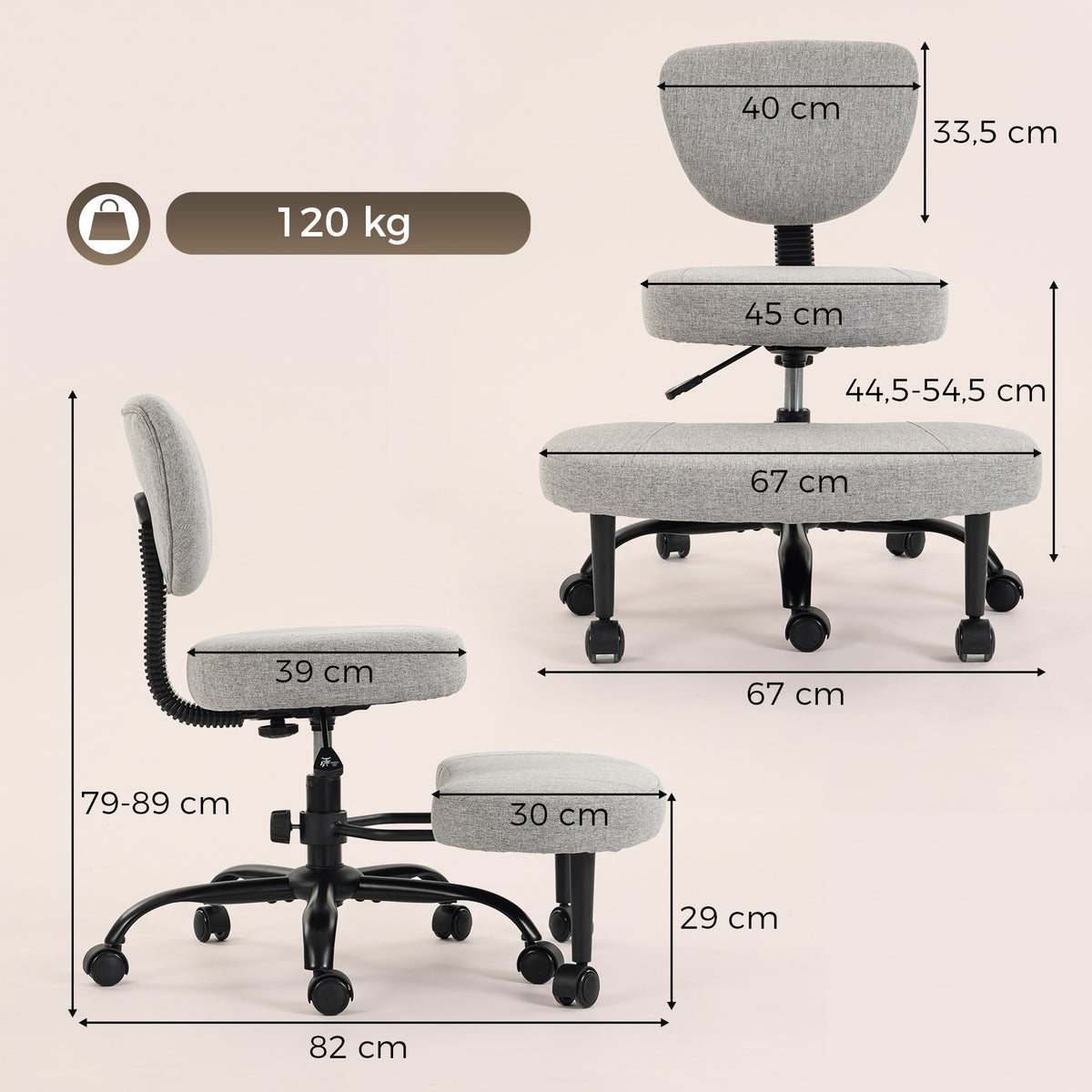 Cadeira de Escritório Ergonômica, Pernas Cruzadas, Rotação 360° com Rodas, Cinza Claro — foto 2