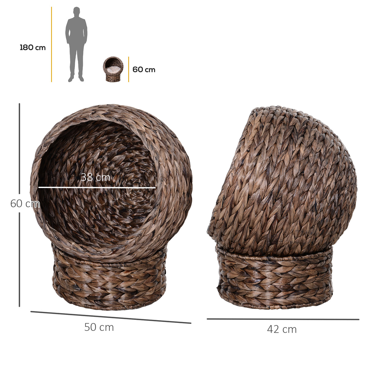 Cesto para Gatos em Vime de Água com Almofada, Cama para Gatos, Cama para Animais,50 cm x 42 cm x 60 cm, Café + Bege — foto 2