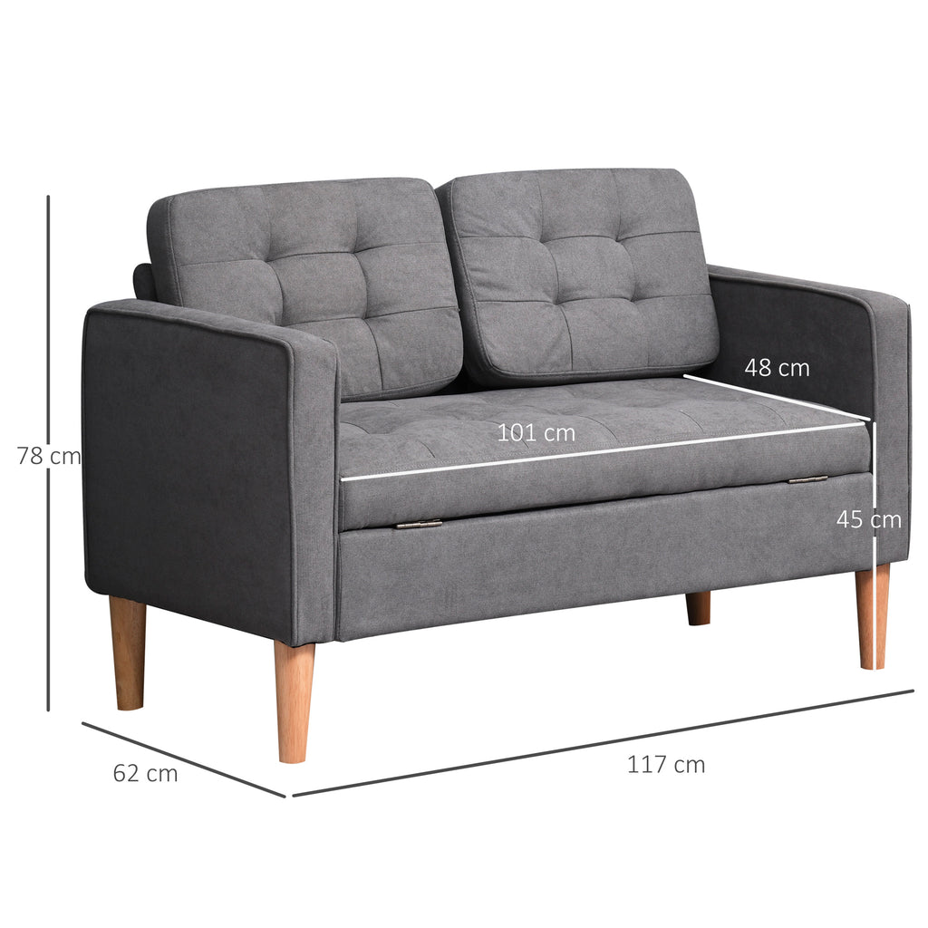 Sofá 2 lugares, sofá com armazenamento, pés de madeira, sofá estofado com acabamento em veludo para sala de estar, quarto, 117 x 62 x 78 cm, Cinza — foto 2