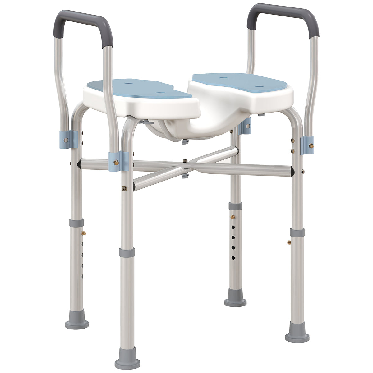 Cadeira de duche com apoios de braços assento de duche em U altura regulável antiderrapante 53 x 36 x 64-75 cm azul claro — foto 1