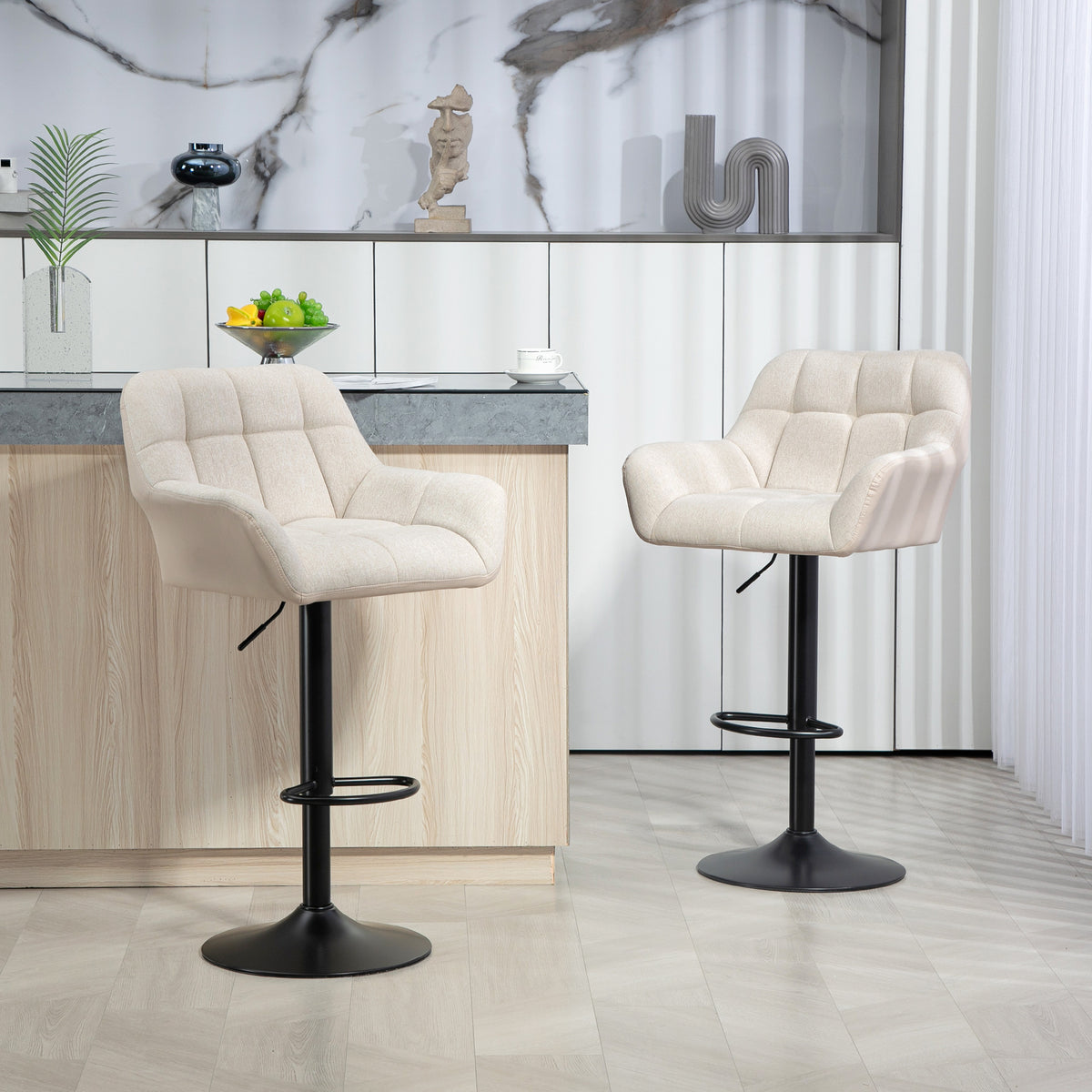 Banquetas Conjunto de 2 Design Retrô ajustável Couro Sintético Efeito Linho Creme + Preto — imagem 3