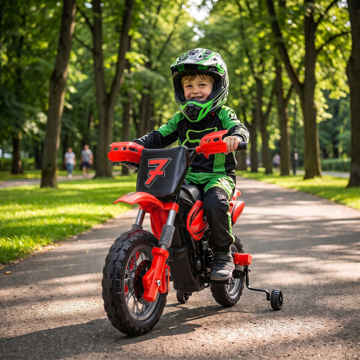 Mota Elétrica Infantil 12V com 2 Rodas Auxiliares Amovíveis, 2 Motores, Suspensão Traseira e Música, 3 km/h, Vermelho — imagem 3