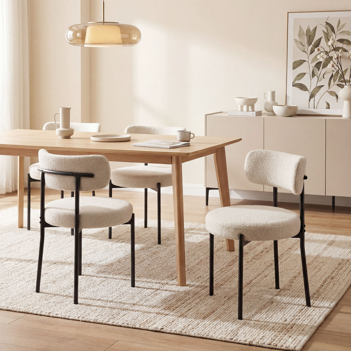 Conjunto de 4 Cadeiras para Sala de Jantar Cadeiras de Cozinha Estofadas em Tecido Bouclette Encosto Curvado Pés em Aço Bege — imagem 3