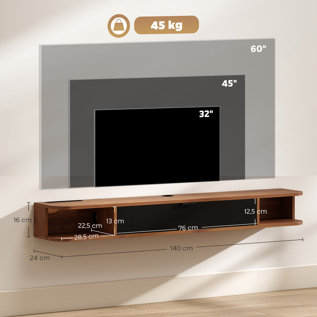 Móvel TV Suspenso Móvel para TV até 60 Polegadas (152,4 cm) Gaveta Rebatível 2 Prateleiras 140x24x16 cm Nogueira — foto 2