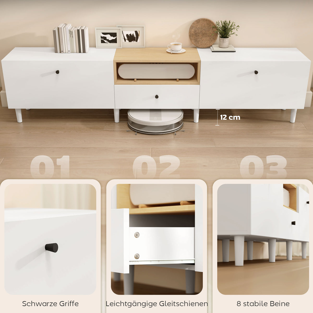 Cômoda de TV 200 cm para TVs até 228,6 cm, 2 compartimentos abatíveis, nicho aberto, gaveta, 8 pés, painel de partículas, branco — imagem 4
