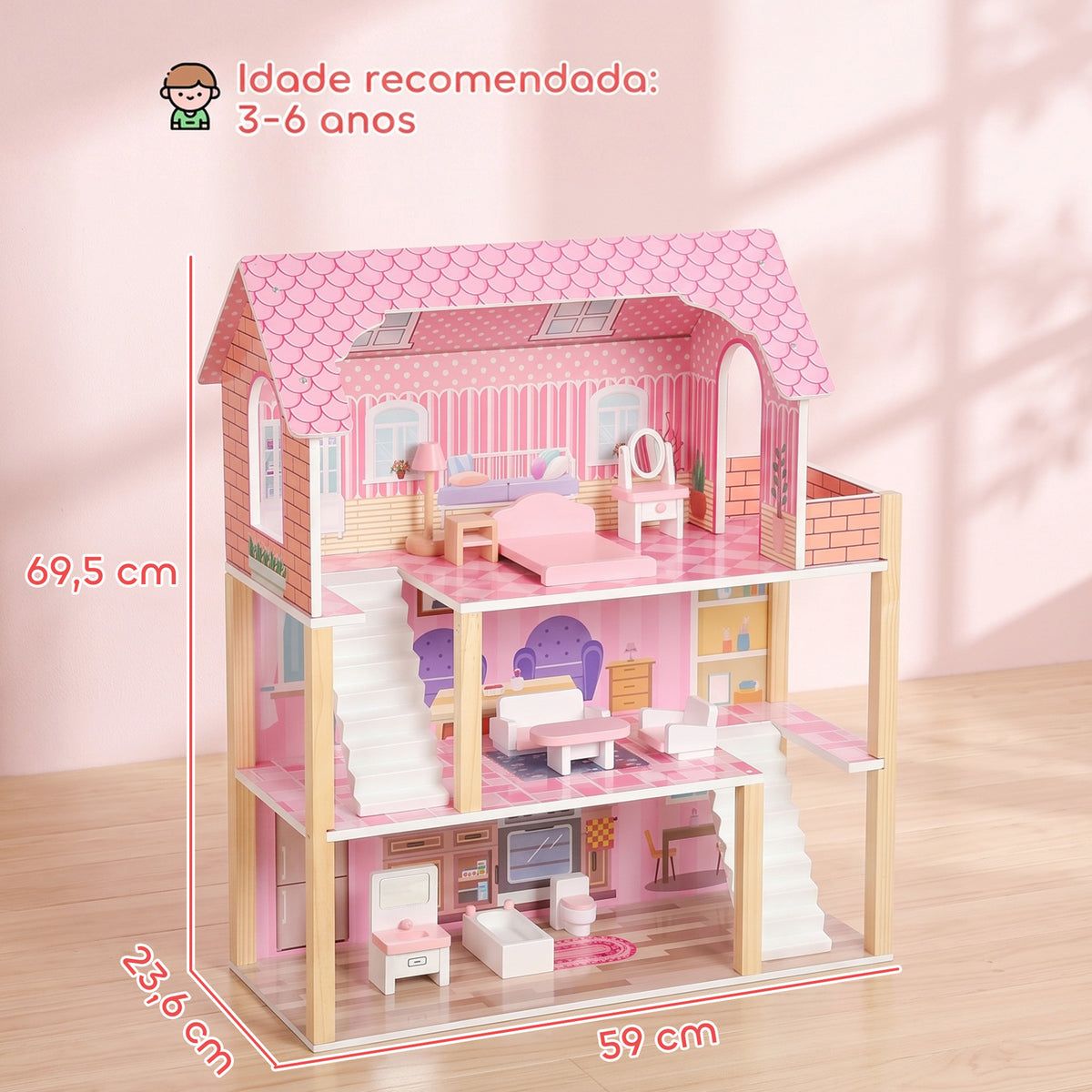 Casa de Bonecas de Madeira com 3 Andares, Varanda, Escadas e 10 Móveis, Brinquedo de Faz de Conta para Crianças 3-6 Anos, Rosa — foto 2