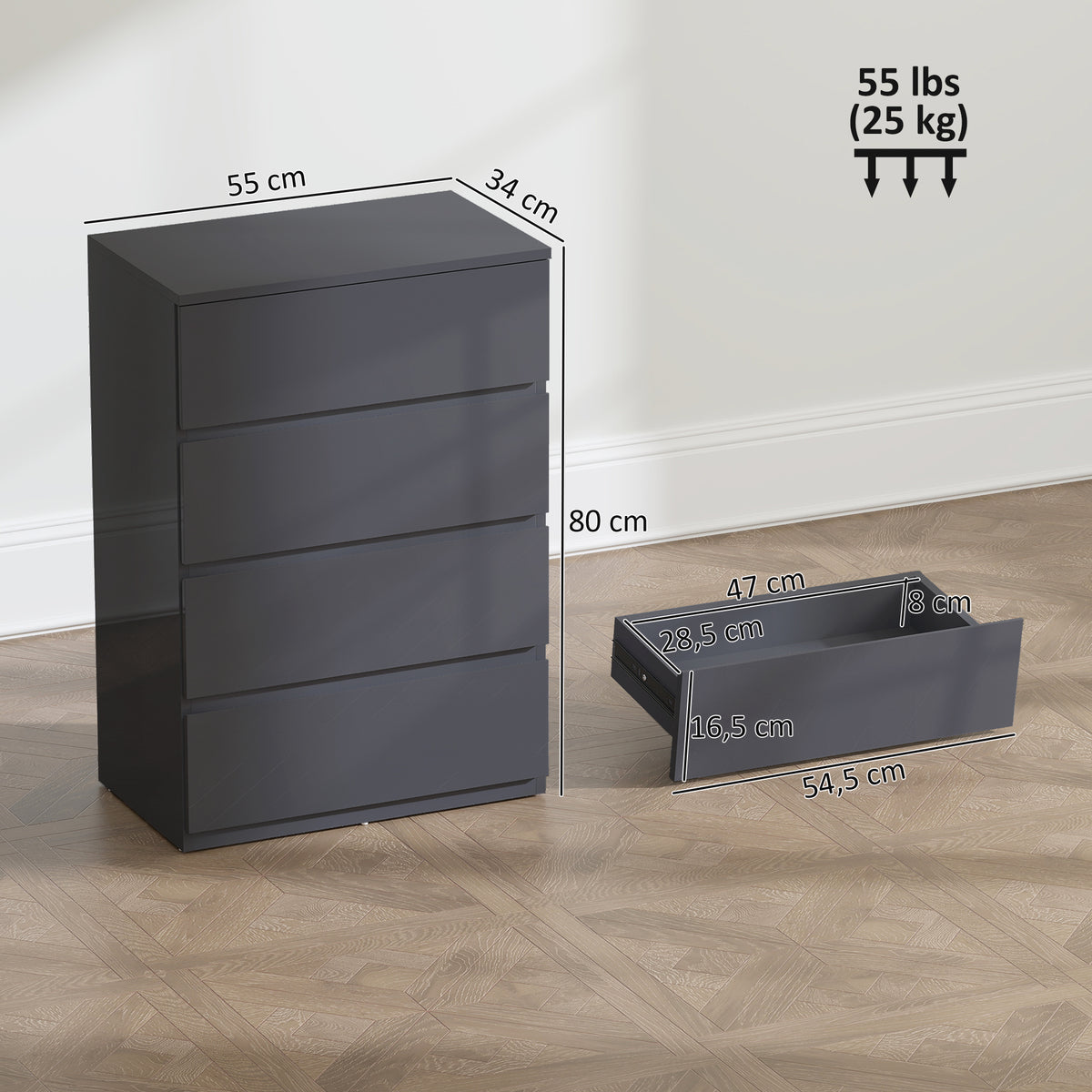 Cômoda 4 Gavetas Móvel de Armazenamento de Alto Brilho Fechamento Suave e Silencioso 55x34x80 cm Cinza — foto 2