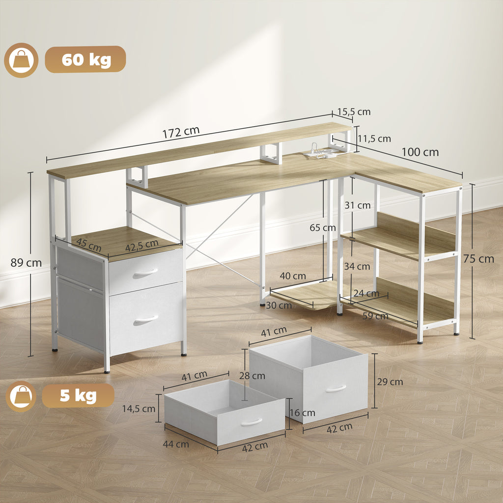 Mesa de canto com tomadas e luzes LED RGB, mesa de computador, 172 x 100 cm, suporte de ecrã, 2 gavetas, branco — foto 2