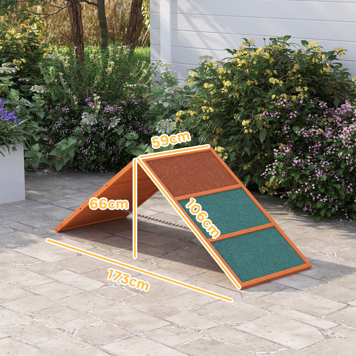 Rampa de agility para cães, dobrável, altura ajustável, antiderrapante, madeira de abeto, até 40 kg, 173 x 59 x 66 cm, Laranja/Verde — foto 2