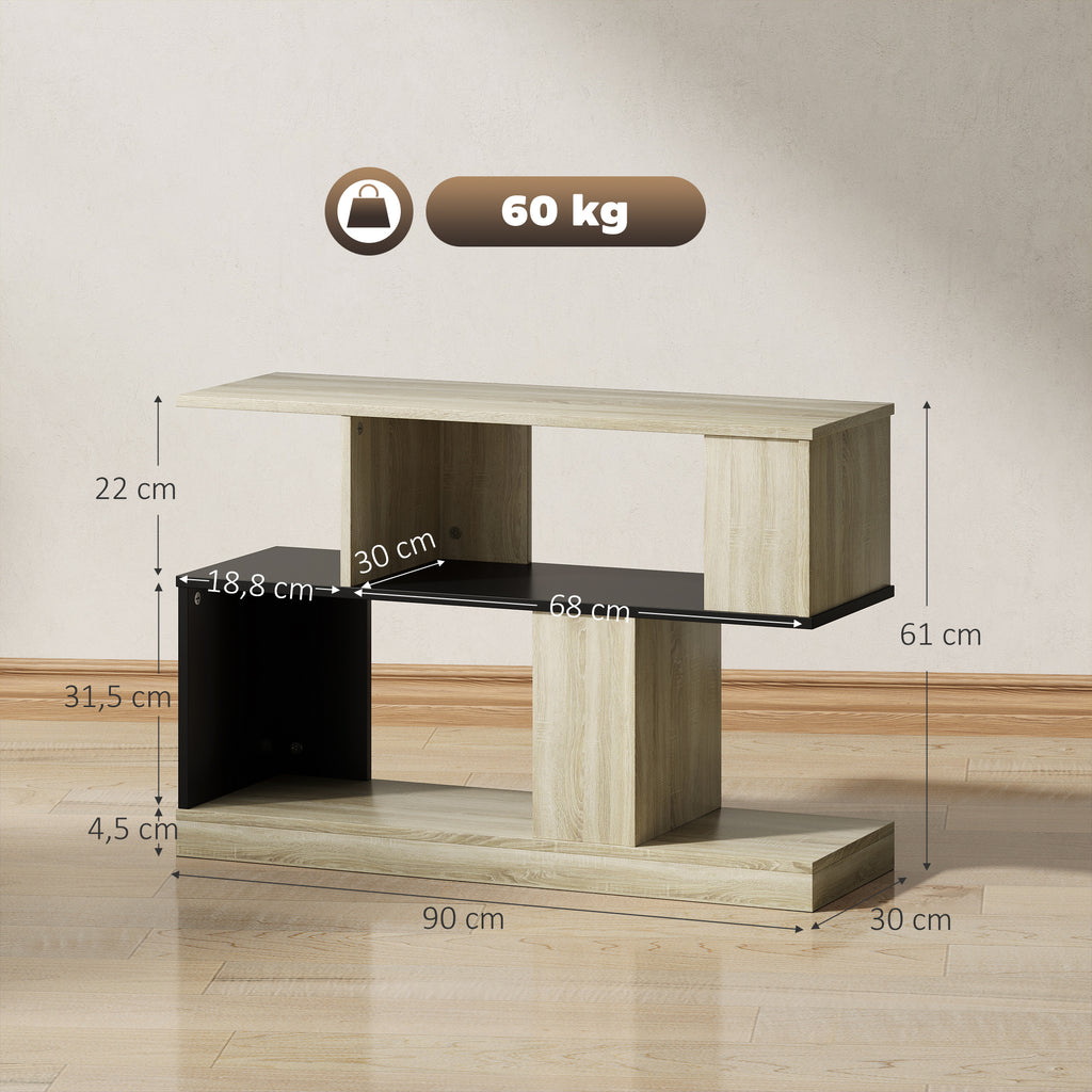 Mesa de apoio em forma de S, mesa lateral com 3 níveis e prateleiras de arrumação, 90 x 30 x 61 cm, efeito madeira natural e preto — foto 2