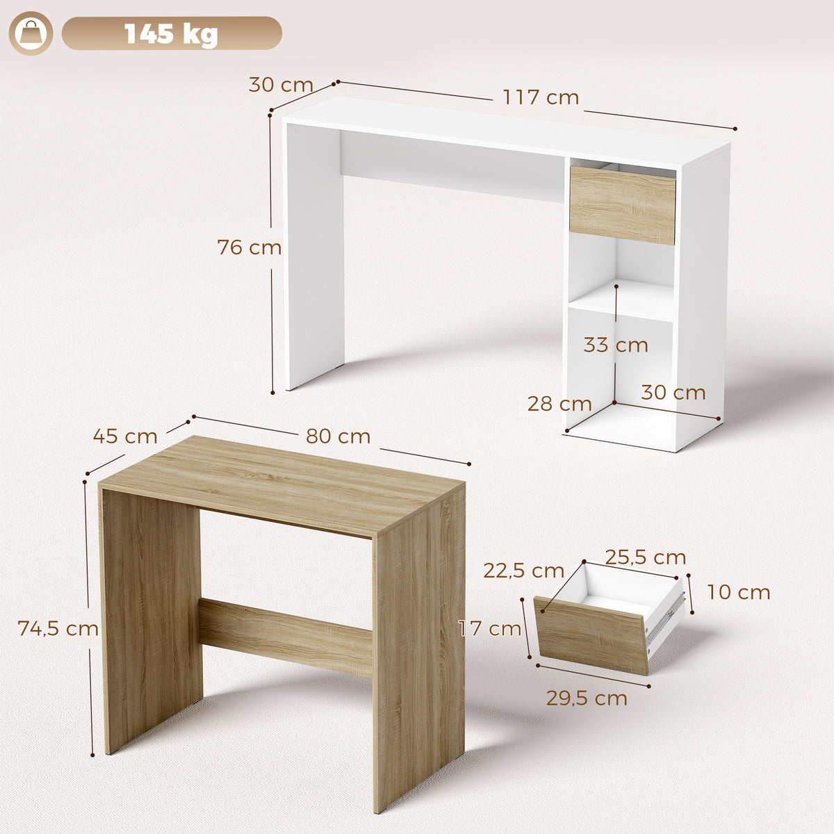 Mesa para Computador Encaixável Conjunto de 2, Mesa de Escritório 80/117 cm com Gaveta e Prateleiras Abertas, Branco e Carvalho — foto 2
