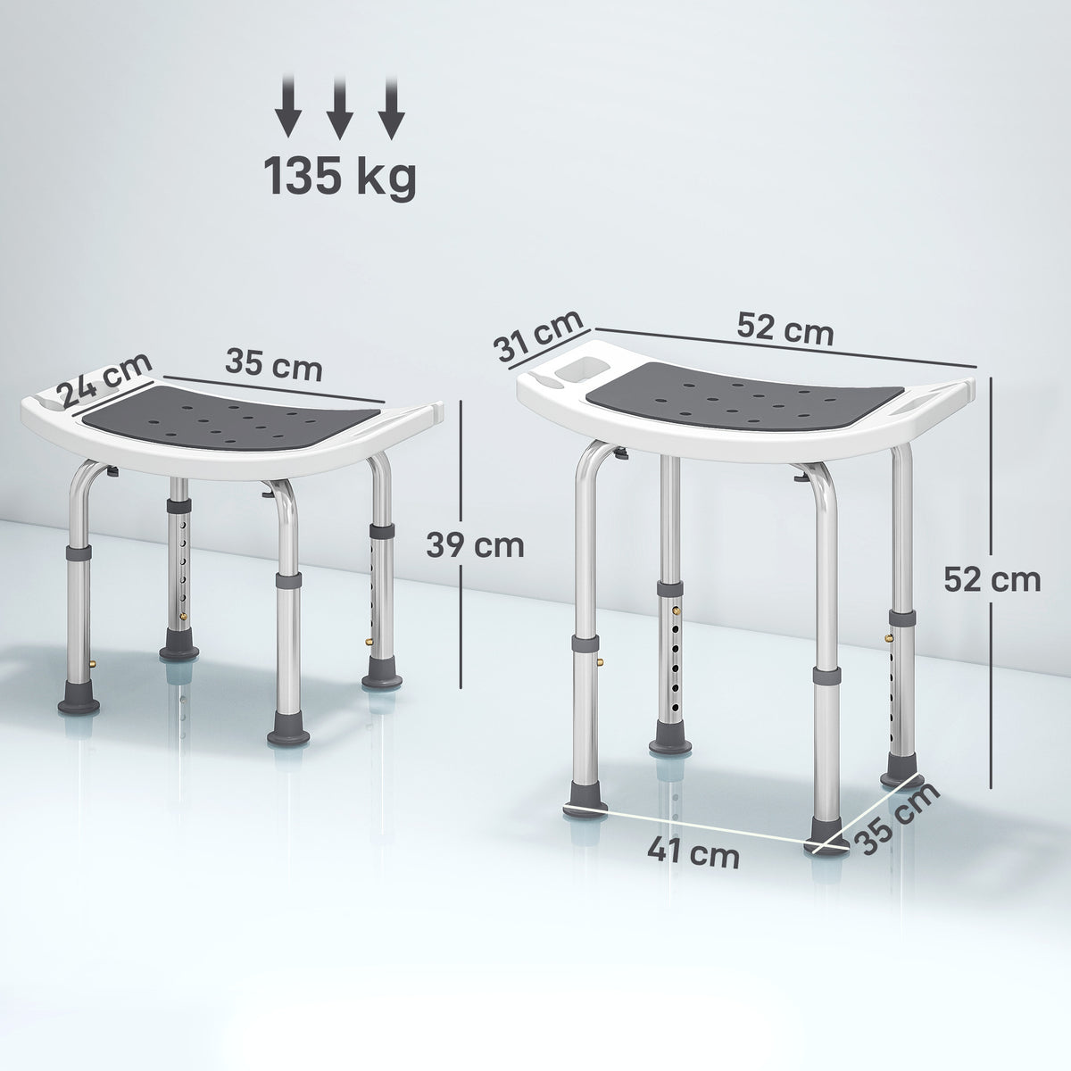 Assento de Duche Regulável em Altura Banco de Duche Ergonômica Pés Antiderrapantes Capacidade Máx. 135 kg Alumínio HDPE Cinza — foto 2