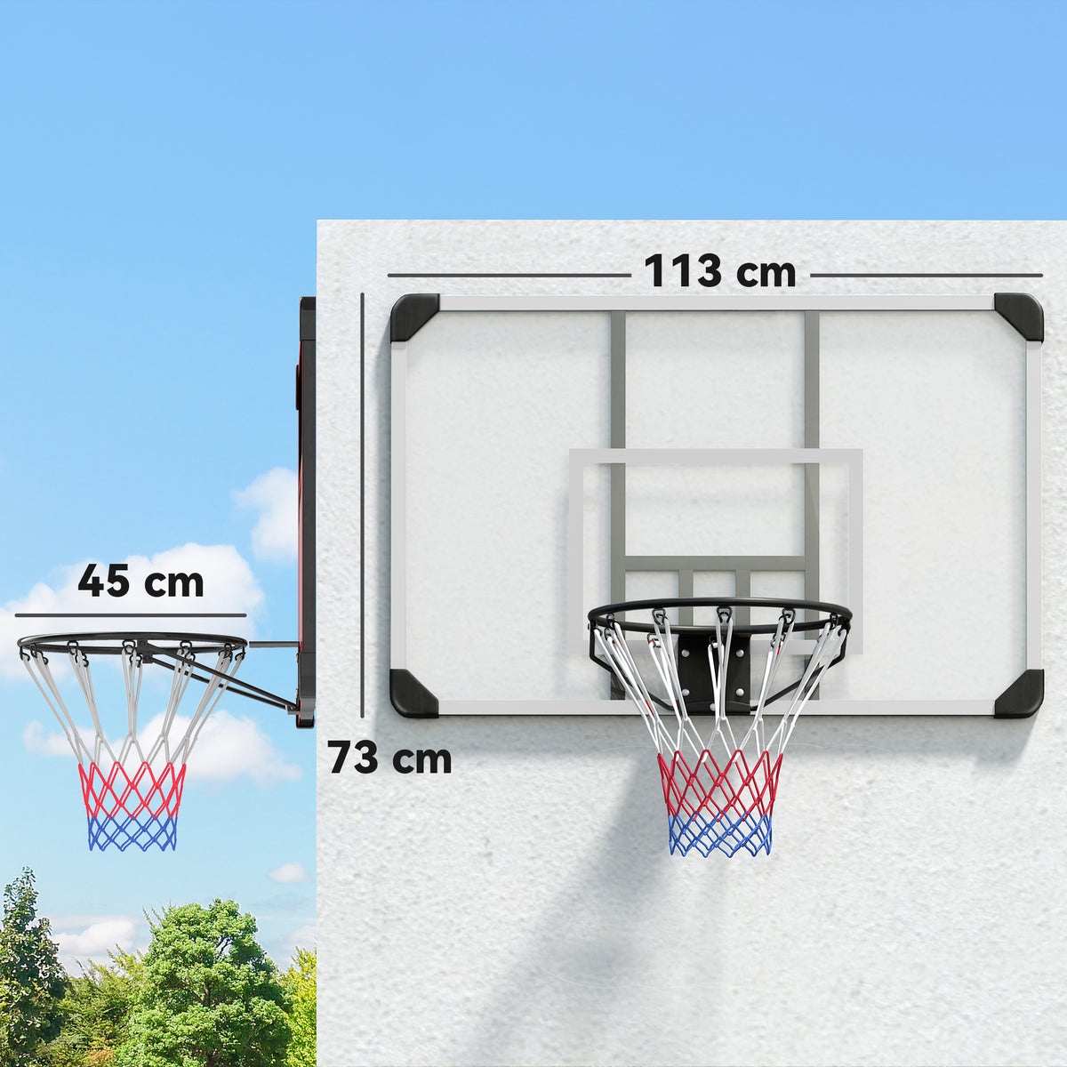 Tabela de Basquetebol de Parede com Aro, Rede e Estrutura em Aço para Exterior, 113x61x73 cm, Branco e Preto — foto 2