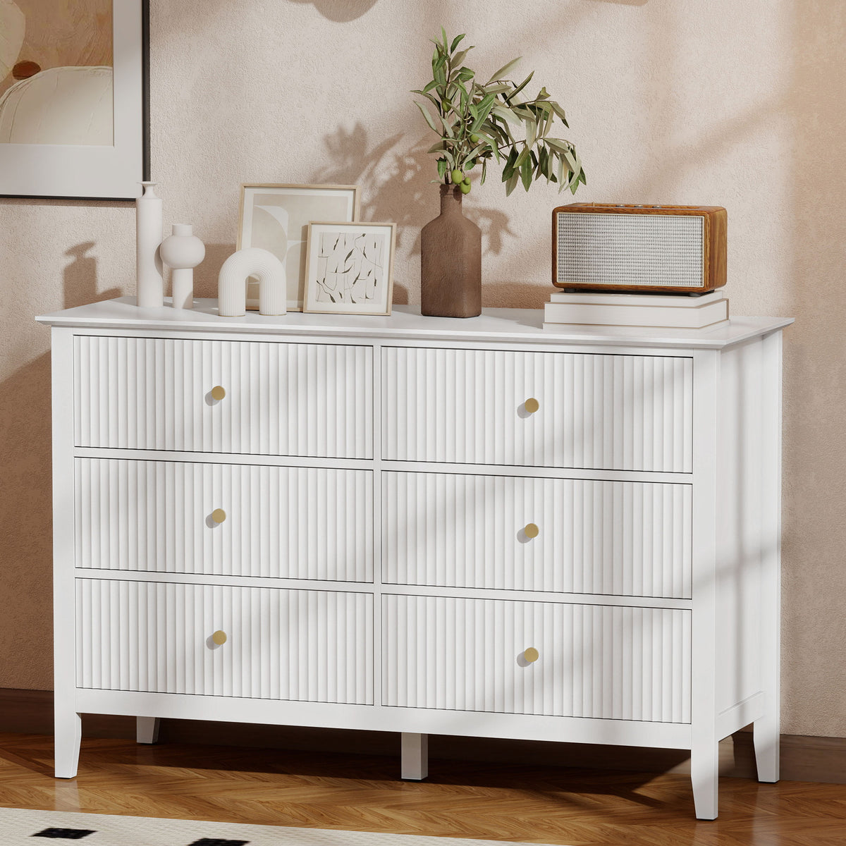 Cômoda para Quarto Canelada com 6 Gavetas, Puxadores e 5 Pés para Corredor Sala Entrada, Branco — imagem 3