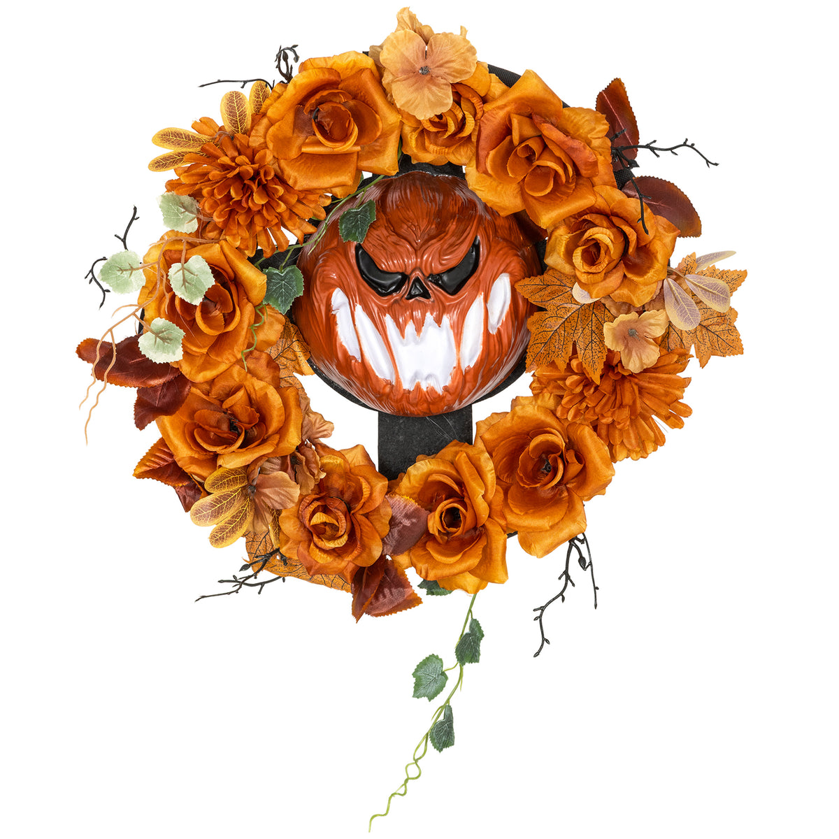 Coroa de Halloween Design de Abóbora Assustadora Folhas de Outono Efeitos de Luz Plástico — foto 1
