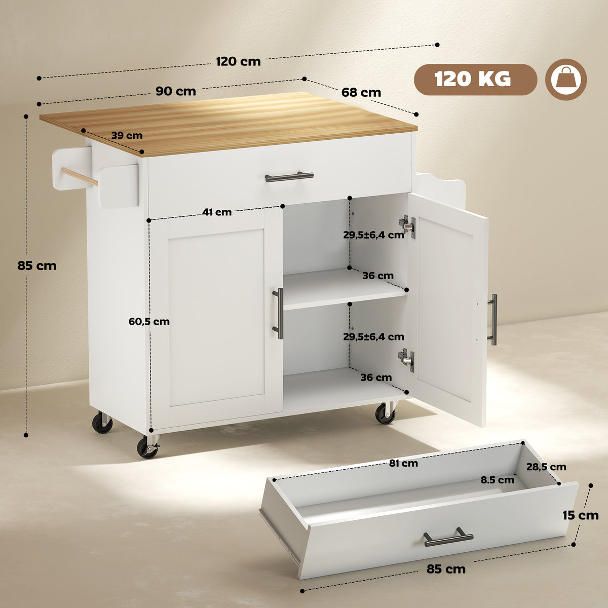 Ilha de Cozinha Carrinho de Cozinha com Rodas com Tampo Rebatível Gaveta Prateleira 120x68x85 cm Branco — foto 2