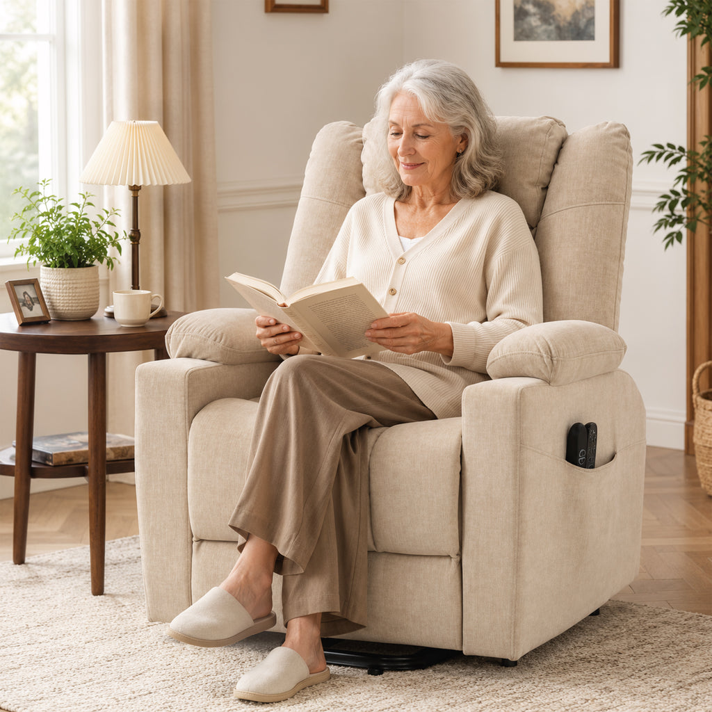 Poltrona Elétrica Levantadora com Massagem Vibratória e Função de Aquecimento Poltrona Relax com Acabamento em Veludo e Acolchoamento com Molas Ensacadas Creme Branco — imagem 6