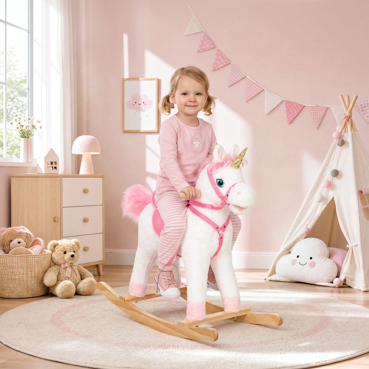 Cavalo de Baloiço Unicórnio para Bebés com Sons de Cascos e Relinchos, Boca e Cauda Móveis, 1-3 Anos, Branco — imagem 3